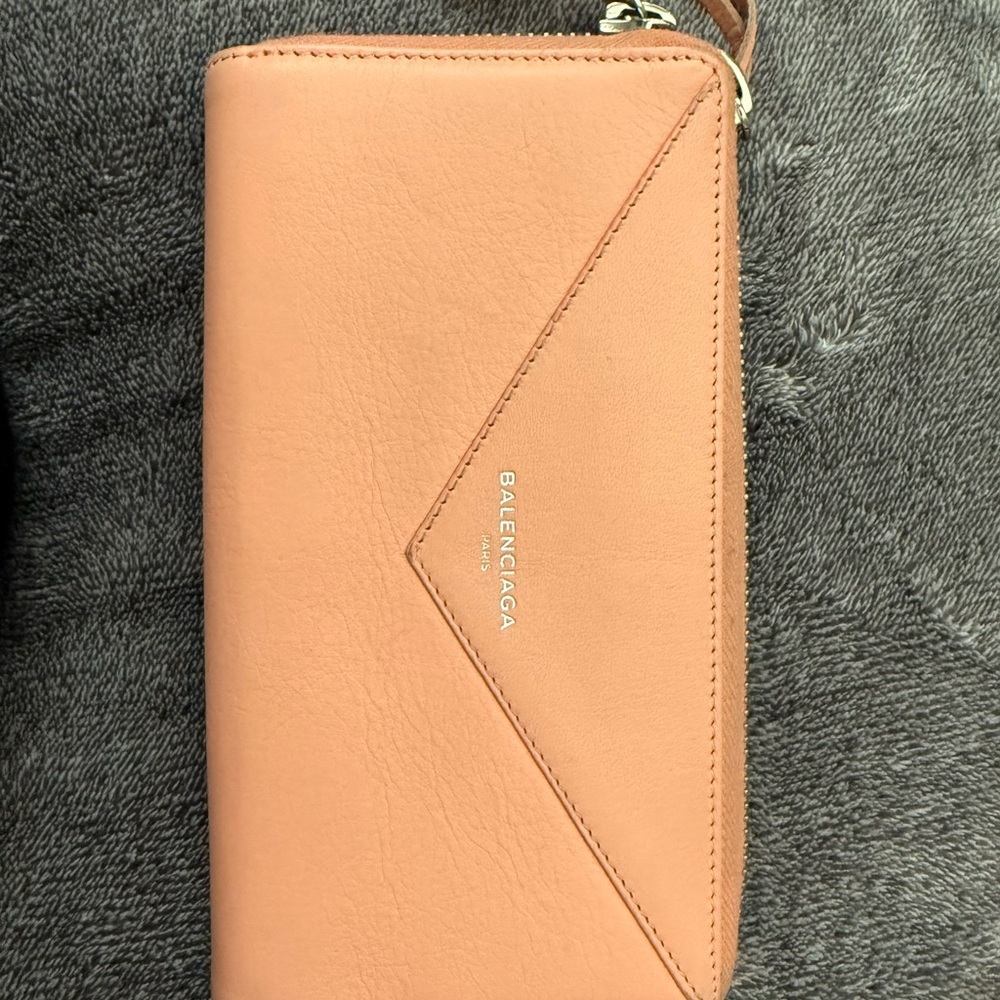 Balenciaga Tan and Pink Wallet with Textured Leather and Gold Zipper